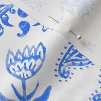 Bohemian India Print in Blue Chinoiserie Watercolor + White Linen