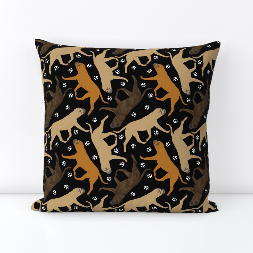 Trotting Bullmastiffs and paw prints - black