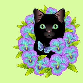 Black Cat and Pansies - Fat Quarter