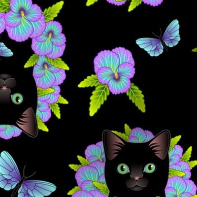 Black Cat and Pansies - Black Background