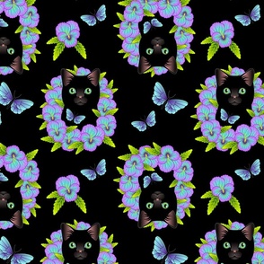 Black Cat and Pansies - Black Background