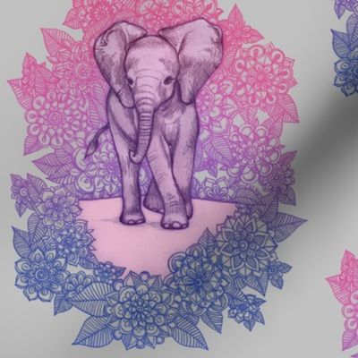 Cute Baby Elephant - pink, purple, blue on grey