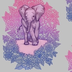 Cute Baby Elephant - pink, purple, blue on grey