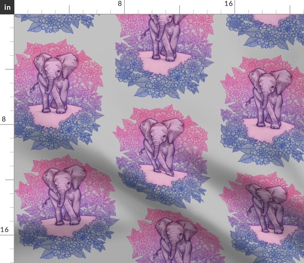 Cute Baby Elephant - pink, purple, blue on grey