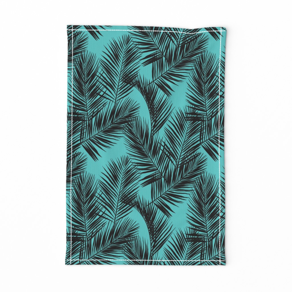 palm leaves - black on turquoise, small. silhuettes tropical forest black turquoise hot summer palm plant tree leaves fabric wallpaper giftwrap