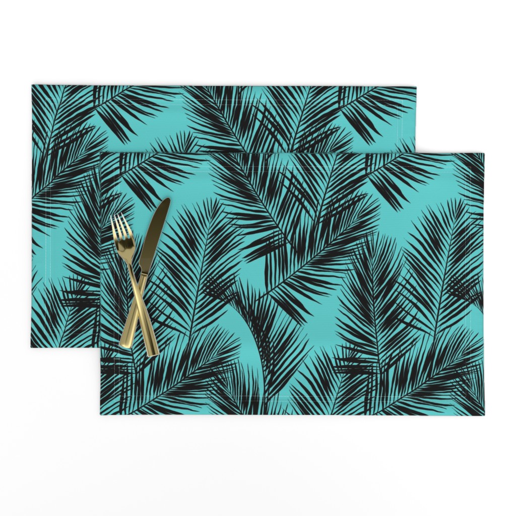 palm leaves - black on turquoise, small. silhuettes tropical forest black turquoise hot summer palm plant tree leaves fabric wallpaper giftwrap