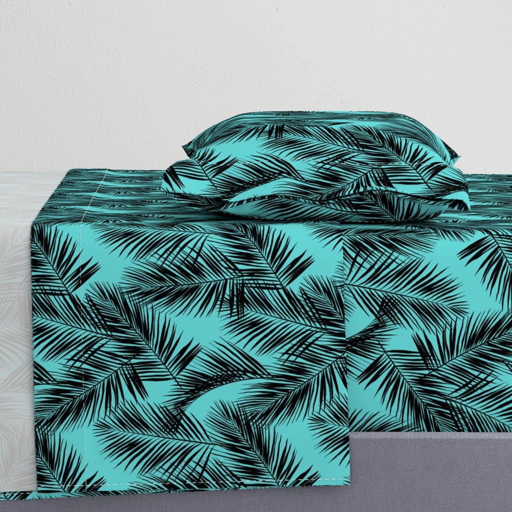 palm leaves - black on turquoise, small. silhuettes tropical forest black turquoise hot summer palm plant tree leaves fabric wallpaper giftwrap