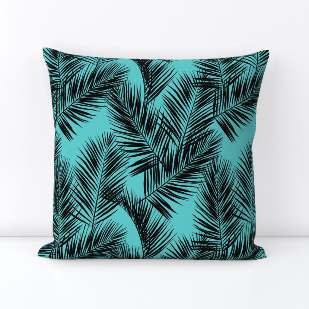 palm leaves - black on turquoise, small. silhuettes tropical forest black turquoise hot summer palm plant tree leaves fabric wallpaper giftwrap