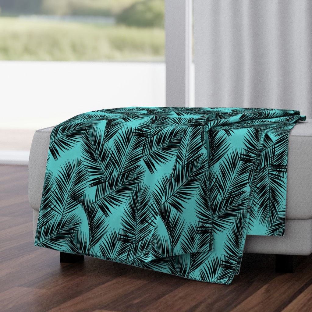 palm leaves - black on turquoise, small. silhuettes tropical forest black turquoise hot summer palm plant tree leaves fabric wallpaper giftwrap