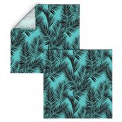 palm leaves - black on turquoise, small. silhuettes tropical forest black turquoise hot summer palm plant tree leaves fabric wallpaper giftwrap