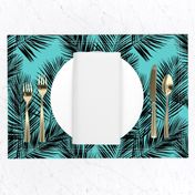 palm leaves - black on turquoise, small. silhuettes tropical forest black turquoise hot summer palm plant tree leaves fabric wallpaper giftwrap