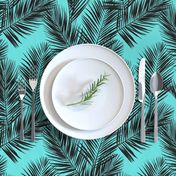 palm leaves - black on turquoise, small. silhuettes tropical forest black turquoise hot summer palm plant tree leaves fabric wallpaper giftwrap