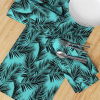 palm leaves - black on turquoise, small. silhuettes tropical forest black turquoise hot summer palm plant tree leaves fabric wallpaper giftwrap