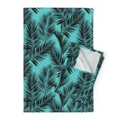 palm leaves - black on turquoise, small. silhuettes tropical forest black turquoise hot summer palm plant tree leaves fabric wallpaper giftwrap