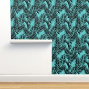 palm leaves - black on turquoise, small. silhuettes tropical forest black turquoise hot summer palm plant tree leaves fabric wallpaper giftwrap