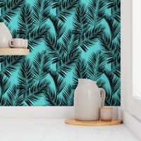 palm leaves - black on turquoise, small. silhuettes tropical forest black turquoise hot summer palm plant tree leaves fabric wallpaper giftwrap