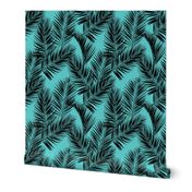 palm leaves - black on turquoise, small. silhuettes tropical forest black turquoise hot summer palm plant tree leaves fabric wallpaper giftwrap