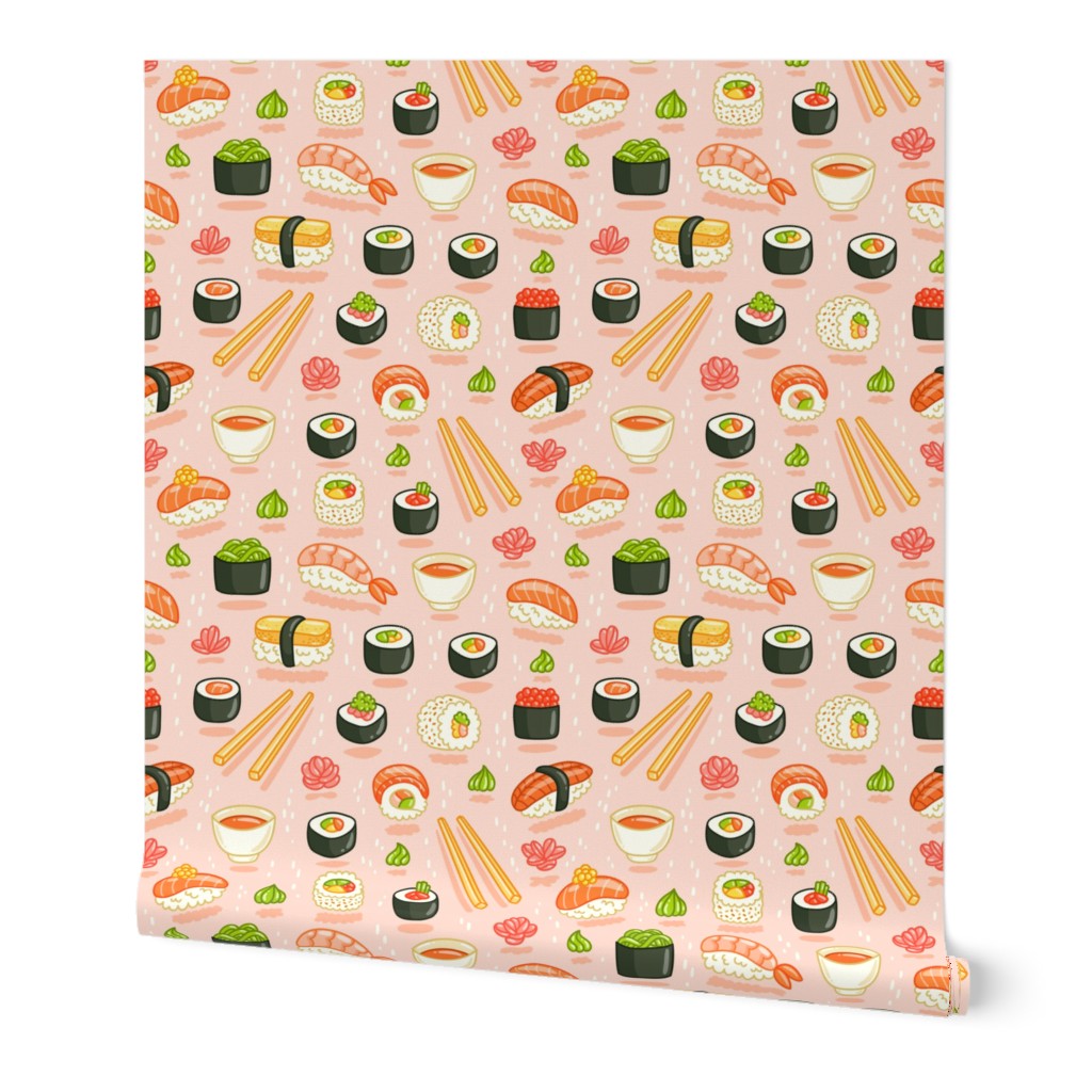 Sushi and rolls, yummy cartoon print, small scale