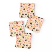 Sushi and rolls, yummy cartoon print, small scale