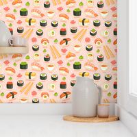 Sushi and rolls, yummy cartoon print, small scale