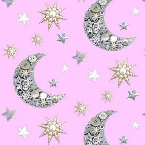 Vintage button moon and stars / pink 