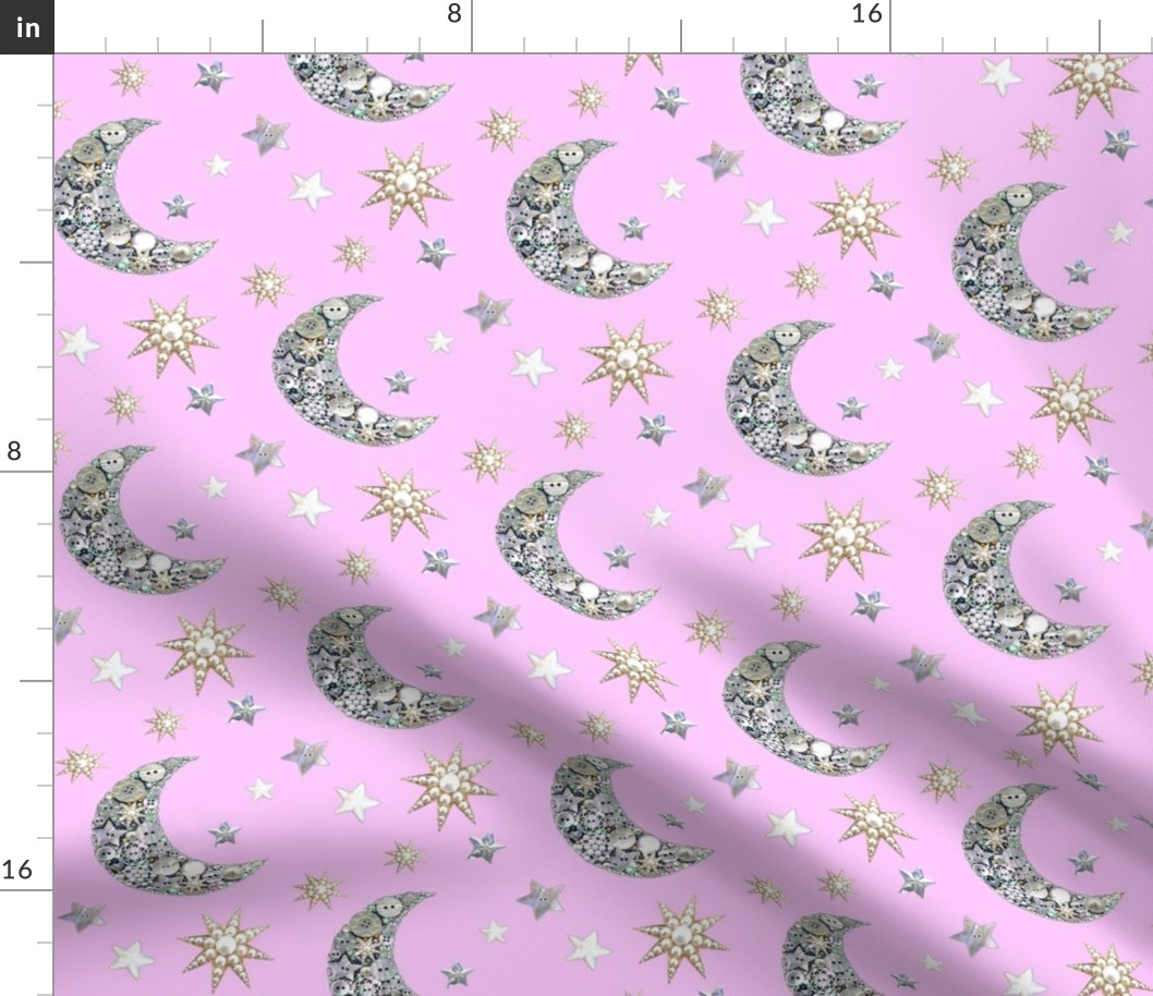 Vintage button moon and stars / pink 