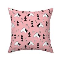 Sweet geometric horses cute animal drawing with triangles and little cowboy feathers in pink black and white