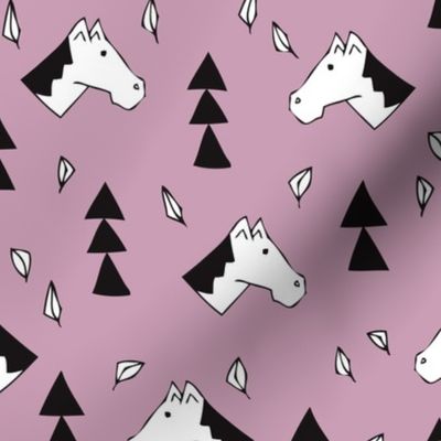 Sweet geometric horses cute animal drawing with triangles and little cowboy feathers in violet black and white