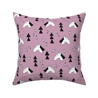 Sweet geometric horses cute animal drawing with triangles and little cowboy feathers in violet black and white