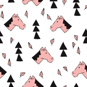 Sweet geometric horses cute animal drawing with triangles and little cowboy feathers in pink black and white