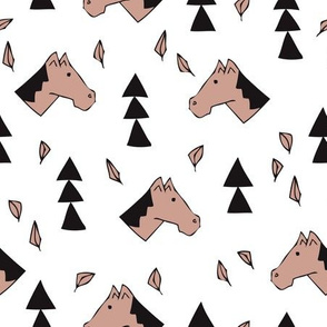 Sweet geometric horses cute animal drawing with triangles and little cowboy feathers in beige black and white
