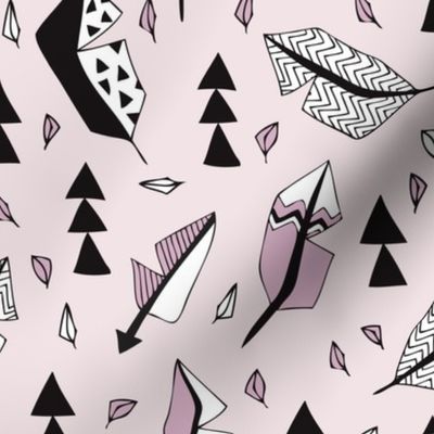 Cool geometric feathers and arrows abstract triangle hand drawn illustration scandinavian style in lavender violet black and white