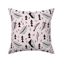 Cool geometric feathers and arrows abstract triangle hand drawn illustration scandinavian style in lavender violet black and white