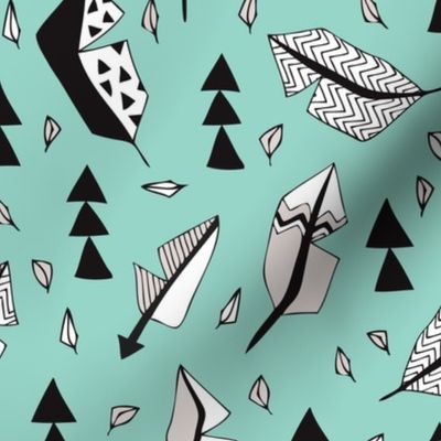 Cool geometric feathers and arrows abstract triangle hand drawn illustration scandinavian style in mint blue black and white