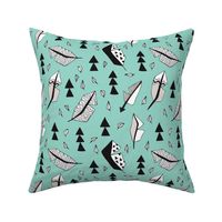 Cool geometric feathers and arrows abstract triangle hand drawn illustration scandinavian style in mint blue black and white