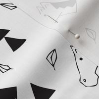 Sweet geometric horses cute animal drawing with triangles and little cowboy feathers in black and white