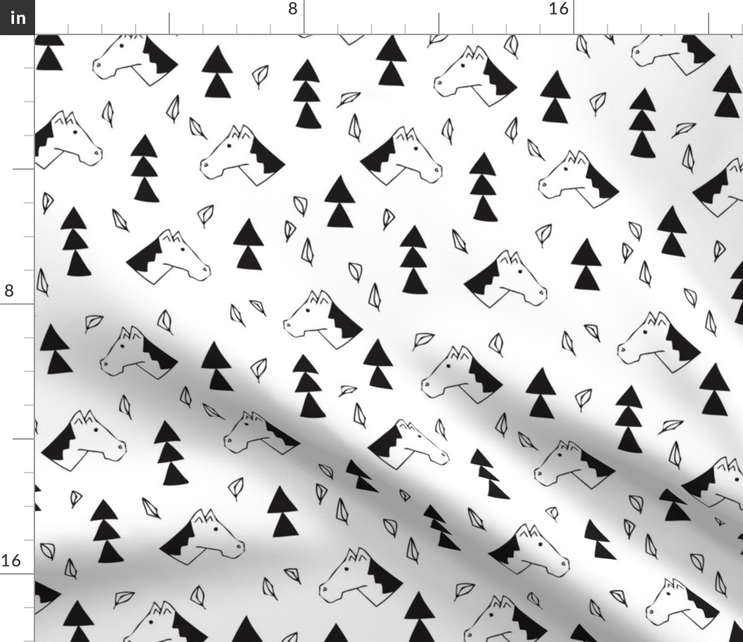 Sweet geometric horses cute animal drawing with triangles and little cowboy feathers in black and white