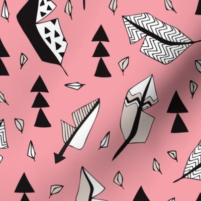 Cool geometric feathers and arrows abstract triangle hand drawn illustration scandinavian style in pink black and white