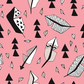 Cool geometric feathers and arrows abstract triangle hand drawn illustration scandinavian style in pink black and white