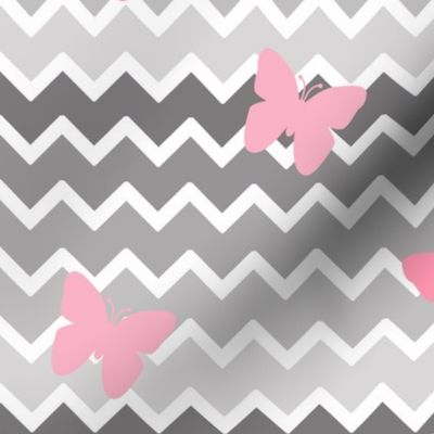 Grey Gray Ombre Chevron Pink Butterfly