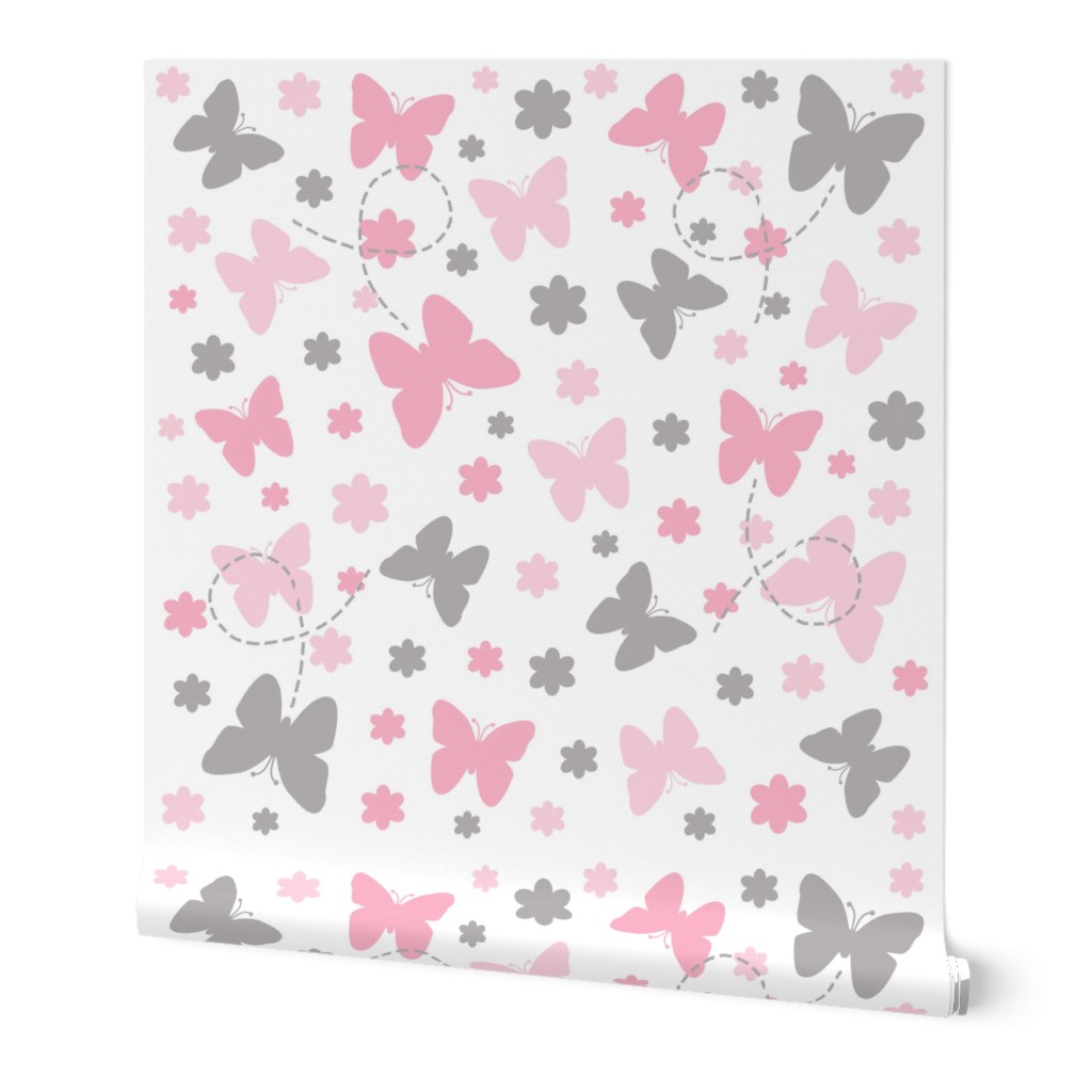 Pink Grey Gray Butterfly Floral Garden