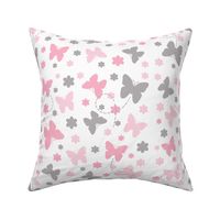 Pink Grey Gray Butterfly Floral Garden