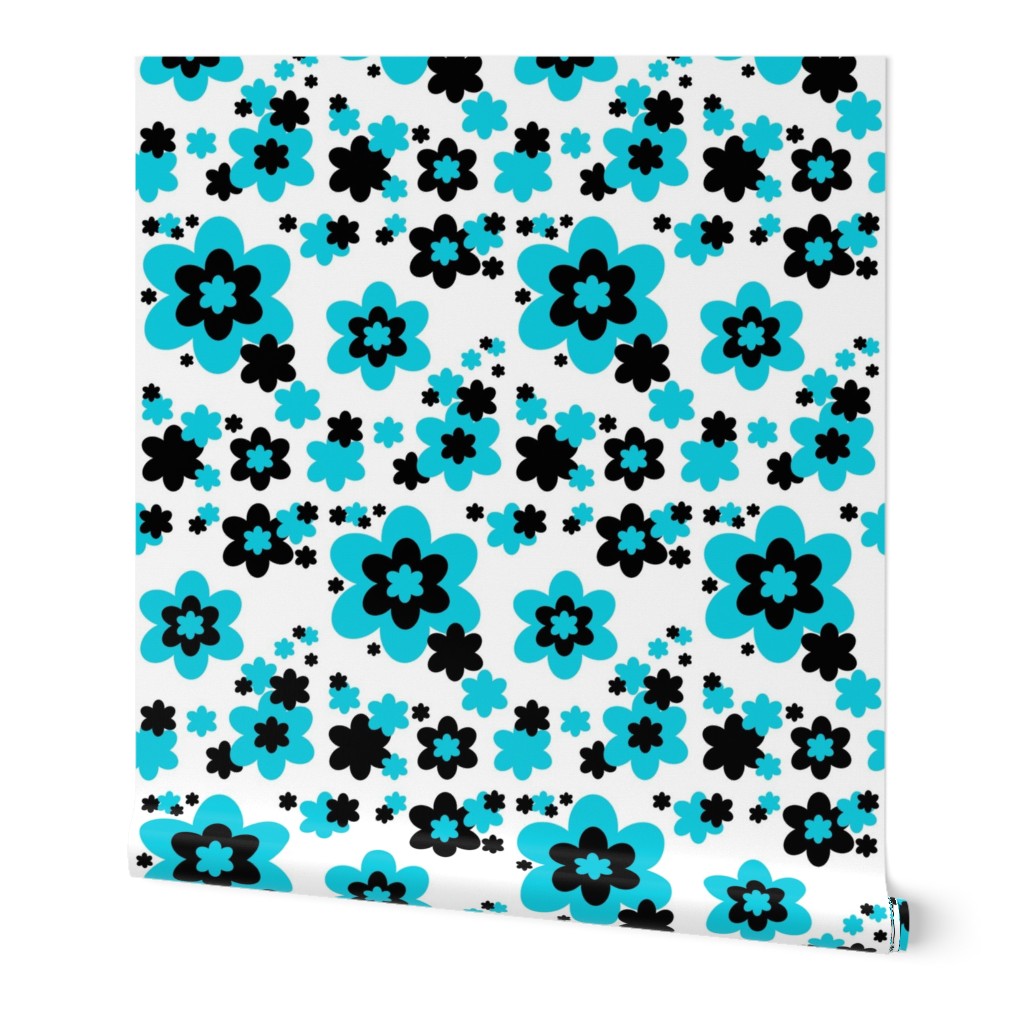 Turquoise Teal Blue Black Floral 