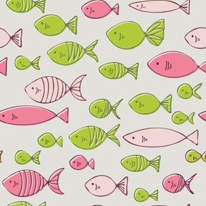 Bright Fish || Bright Pink and Green Fish on Blue by Sarah Price Medium Scale Perfect for bags, clothing and quilts