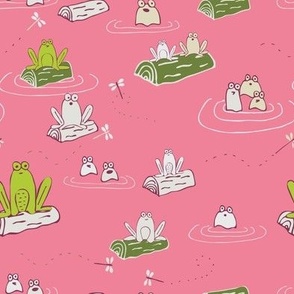 Frogs| Hand Drawn Pond Frogs on Pink by Sarah Price Medium Scale Perfect for bags, clothing and quilts