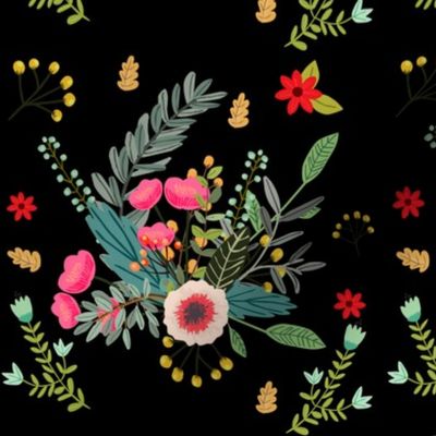 Boho Floral / Black Background