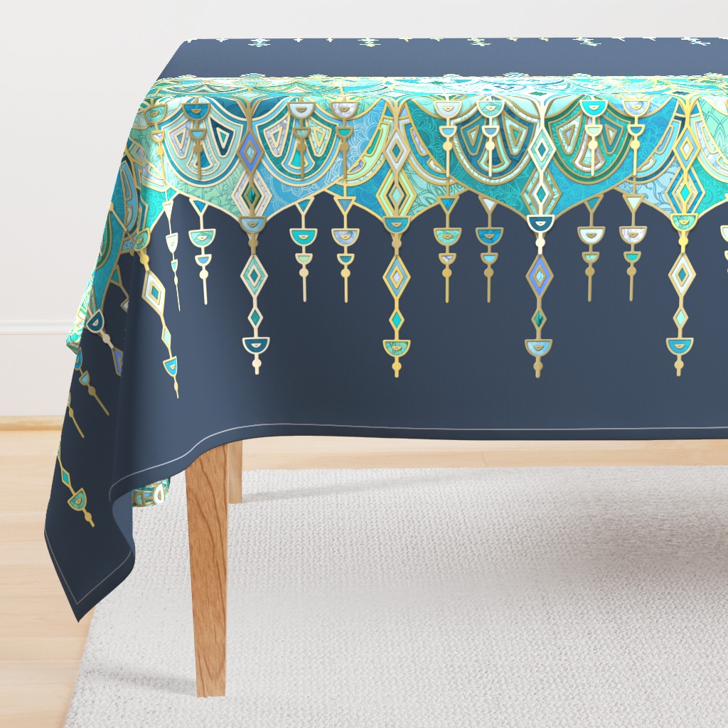 Navy and Emerald Art Deco Double Drop border print