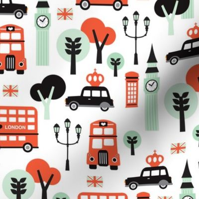 London city black cab big ben and UK union jack travel icons  illustration pattern