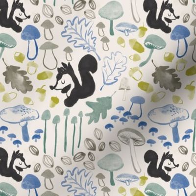 Woodland squirrel and mushrooms in cream, charcoal and teal