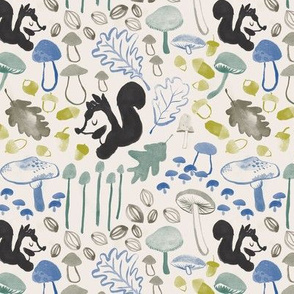 Woodland squirrel and mushrooms in cream, charcoal and teal